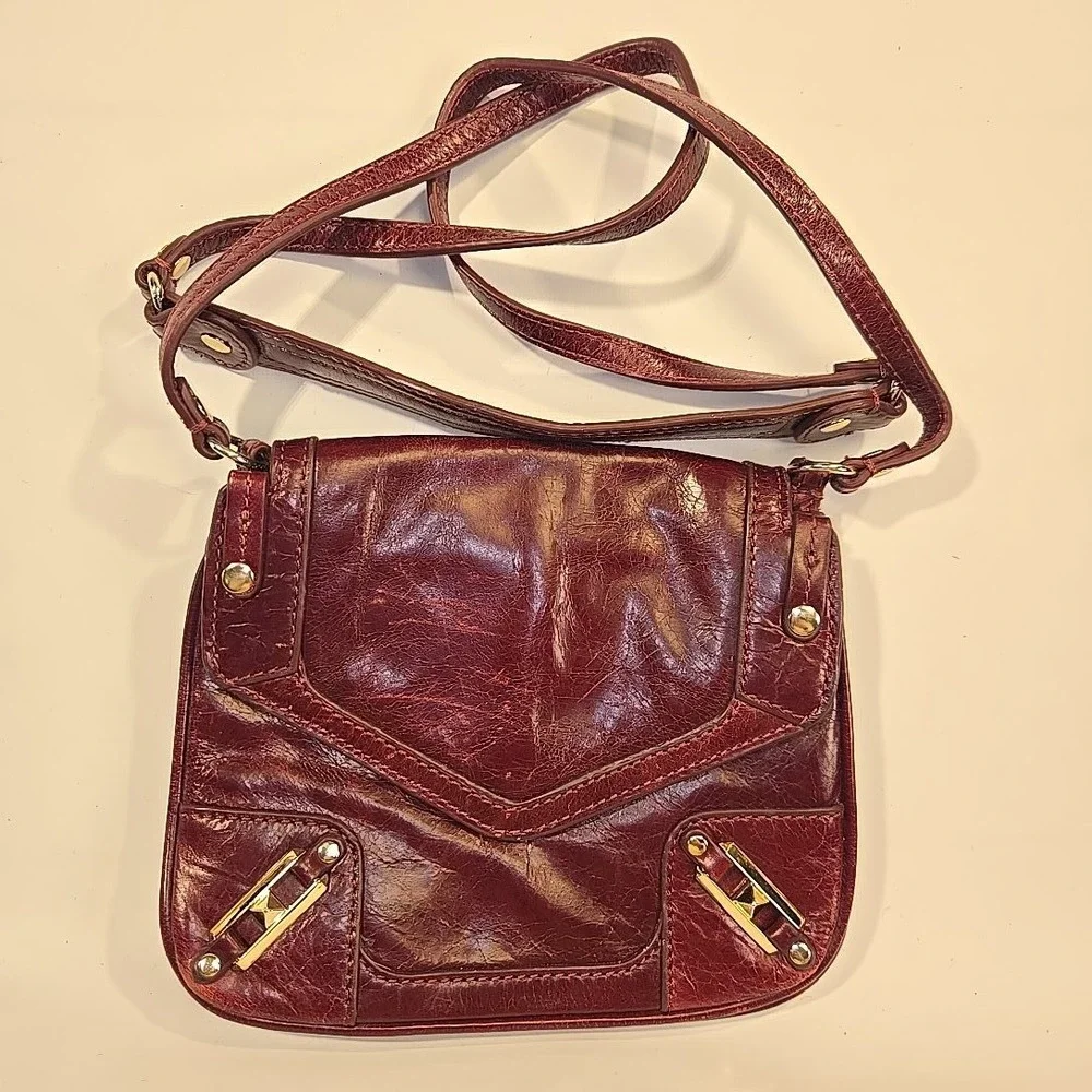 Rebecca Minkoff Leather Crossbody Bag Burgundy Gold Hardware Small Purse 8x7x20